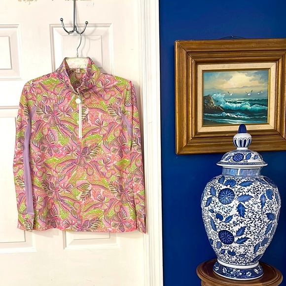 NWOT Stella Parker Golf Collection Floral Print Quarter Zip Pullover Mesh Sleeve - Picture 1 of 8